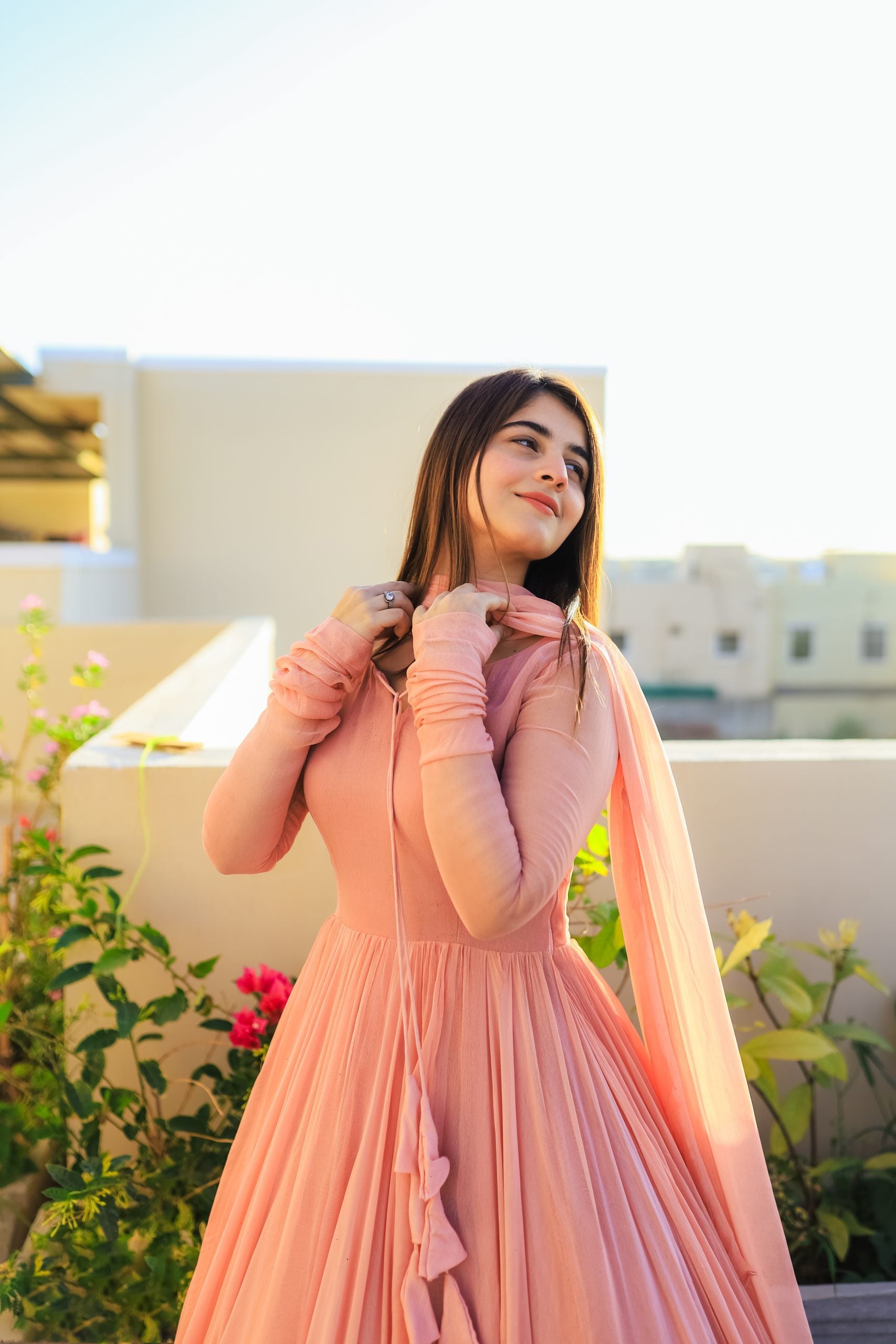 SOLID PEACH LONG FLAIR DOUBLE LAYERED ANARKALI WITH DUPATTA