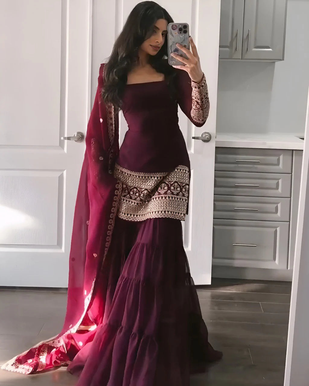 Purple Georgette Micro Cotton 3 Layer Sharara Suit Set