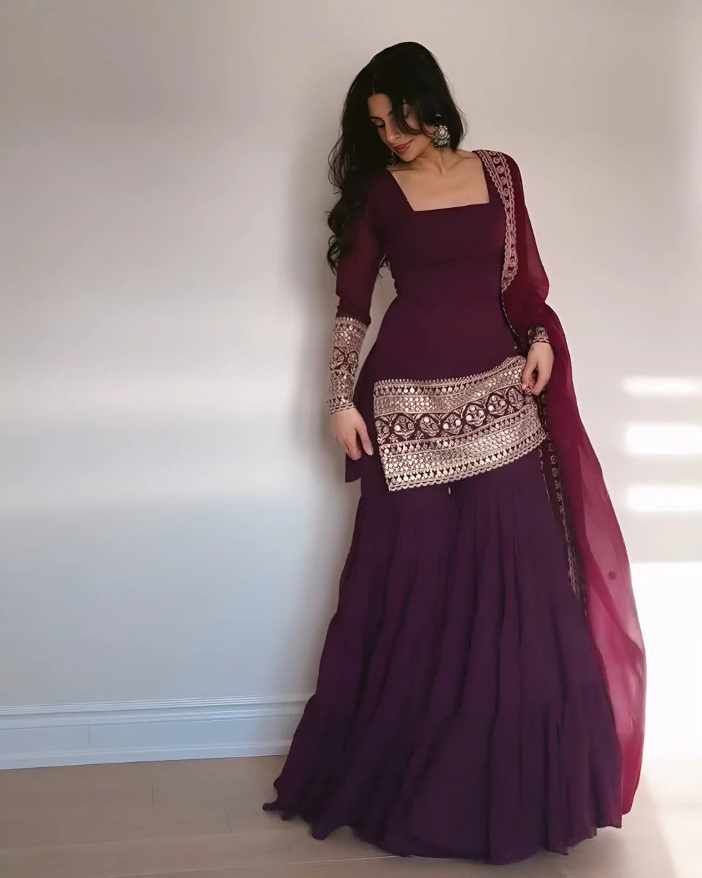 Purple Georgette Micro Cotton 3 Layer Sharara Suit Set