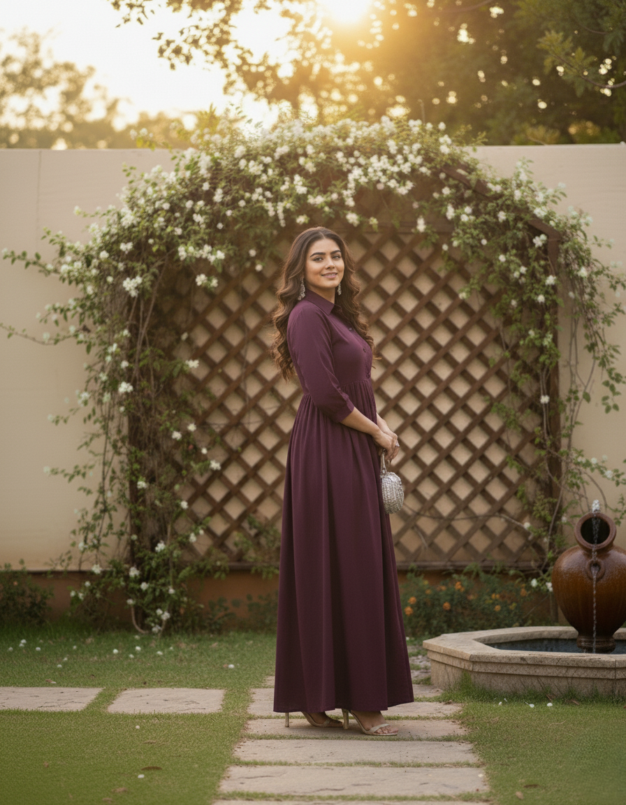 Women's Wine Rayon Long Shirt-Style Office Wear Dress with Front Slit