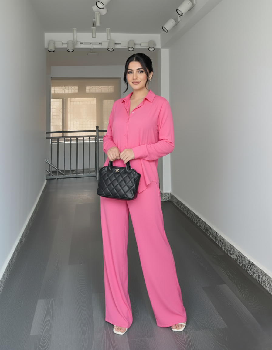 Solid Button-Down Shirt & Relaxed Pants Co-ord Set for Women